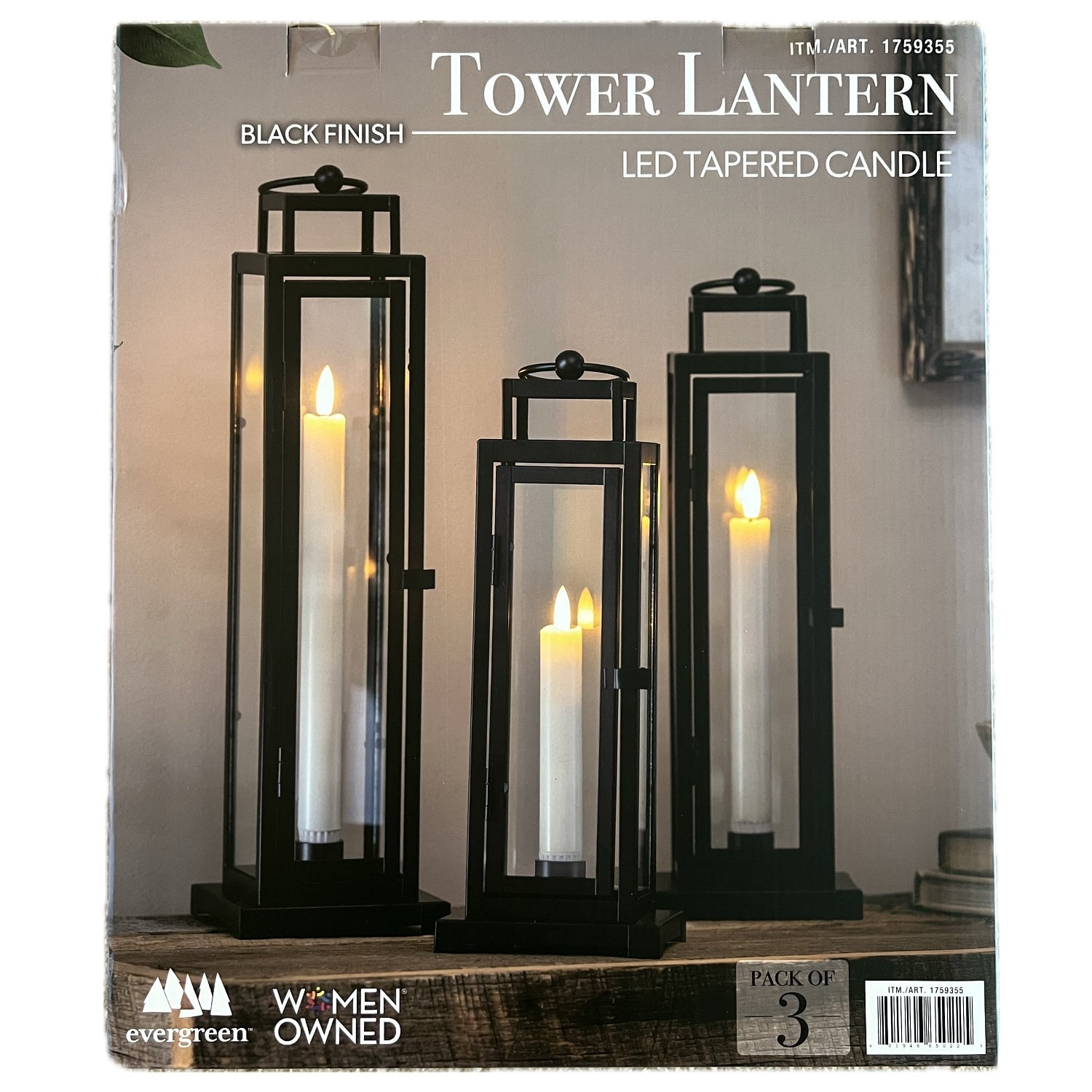 Evergreen LED Tapered Candle Tower Lantern, 3 Count (Black Evergreen LED Tapered Candle Tower Lantern, 3 Count (Black