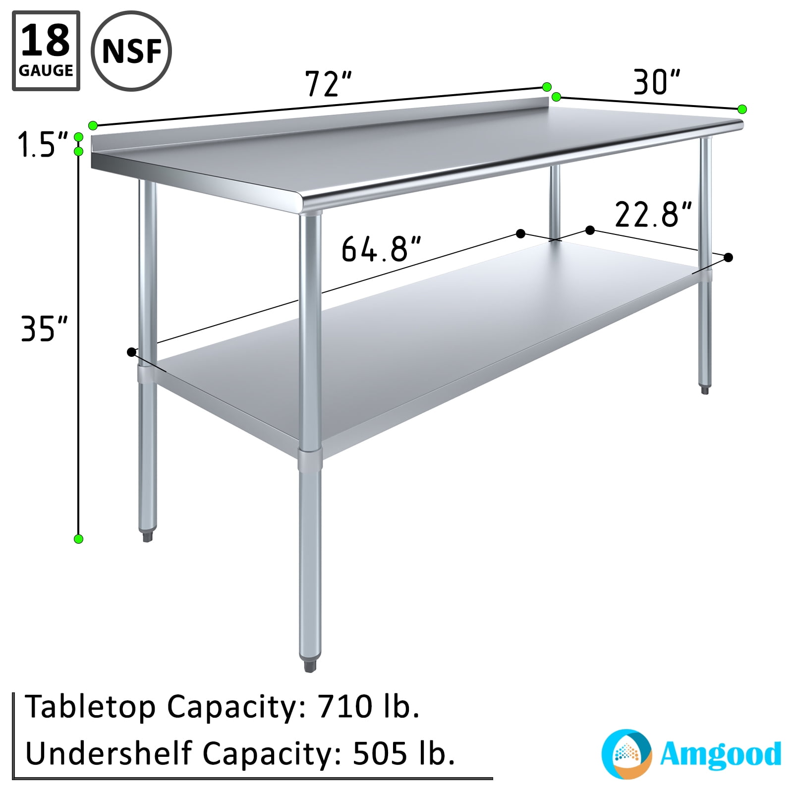 AmGood 30 in. x 72 in. Stainless Steel Work Table with 1.5 in. Backsplash | Metal Kitchen Food Prep Table