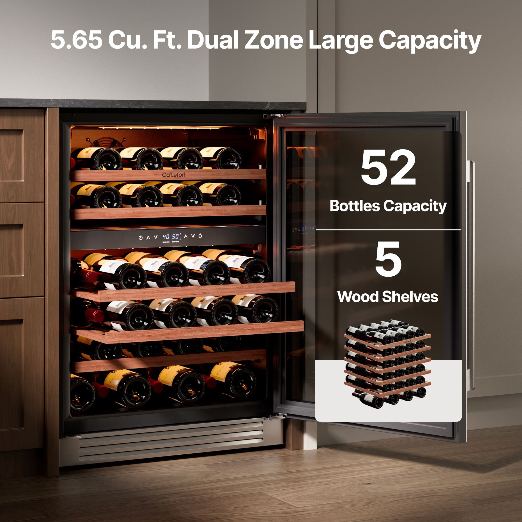Ca'Lefort 24'' Wine Cooler Refrigerator, Under Counter 52 Bottle Dual Zone Wine Fridge, Freestanding & Built-in with Glass Door