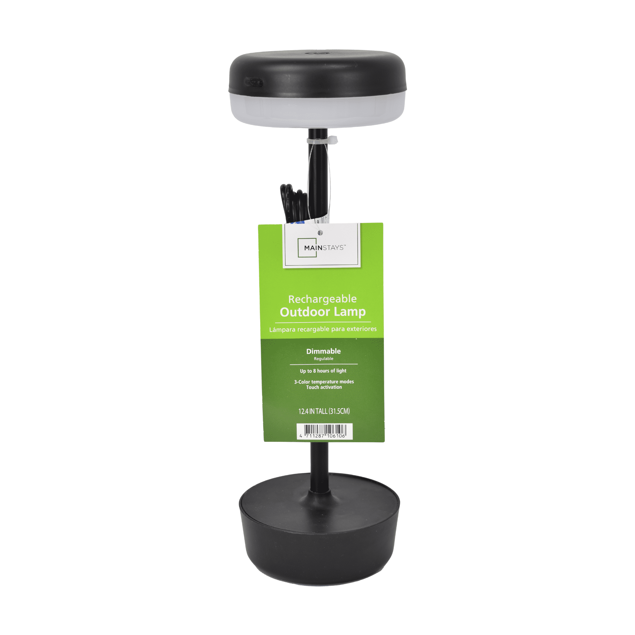 Mainstays 12-Inch Outdoor Rechargeable Table Lamp, Black, Water-Resistant, 100 Lumens