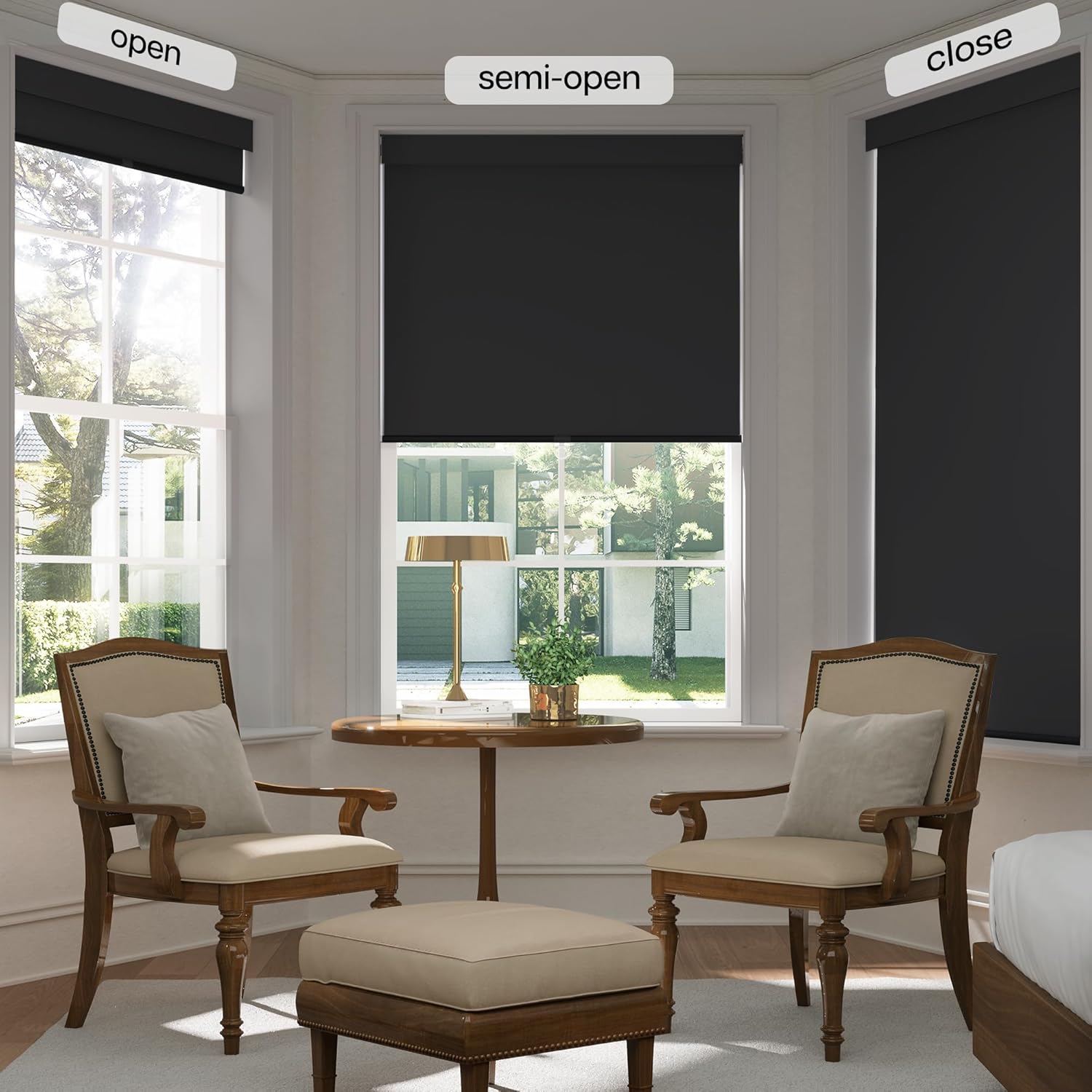 LazBlinds No Drill Blinds for Indoor Windows, Blackout Roller Shades, Cordless Window Blinds, Thermal Insulated Fabric UV Protection, for in Home and Office, 46" W x 72" H, Black