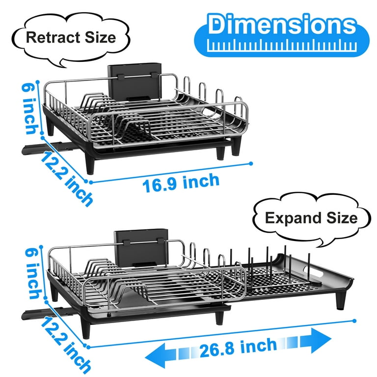 Dish Drying Rack, Kitchen Counter Dish Drainers Rack Expandable(16.9 to  26.8), Auto-Drain Drainboard Stainless Steel Large Strainers Drying Rack  with Pan Holder Utensil Holder Caddy Organizer, Black 