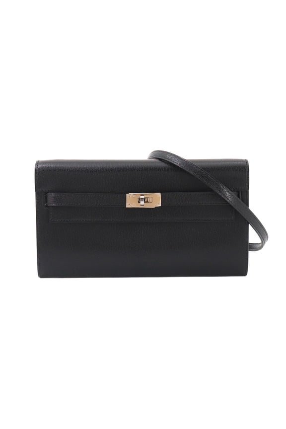 Pre-Owned Hermes Kelly To Go Shoulder Wallet, Bi-fold Long Chevre Shamkira Leather, Black, G...