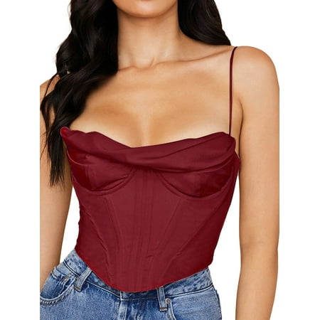 

wybzd Women s Vintage Corset Crop Tops Strap Satin Heap-neck Fishbone Pleated Y2K Bustier Streetwear Red Wine L