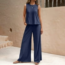 LLYWEY Wide Leg Pants Sets Women 2 Piece Outfits Summer Casual Loose Crew Neck Sleeveless Tank Tops and Elastic Waist Pull on Long Pants Two Piece Outfit Sets New-20 Dark Blue S