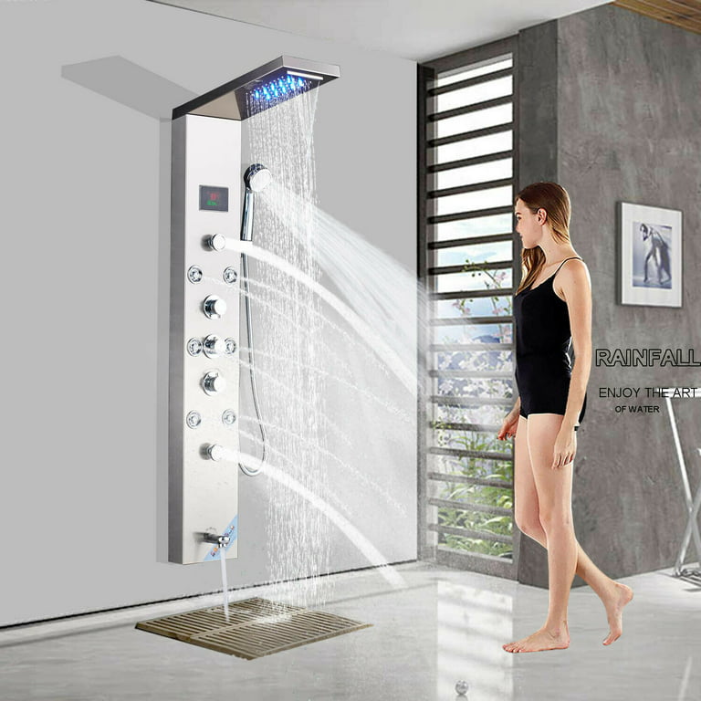 forgænger tapperhed tykkelse CES Shower Panel Tower System Stainless Steel 5-Function Faucet LED Rainfall  Waterfall Shower Head,Wall Mount Shower Column, Hydroelectricity Display  Rain Massage with Jets, Brushed Nickel - Walmart.com