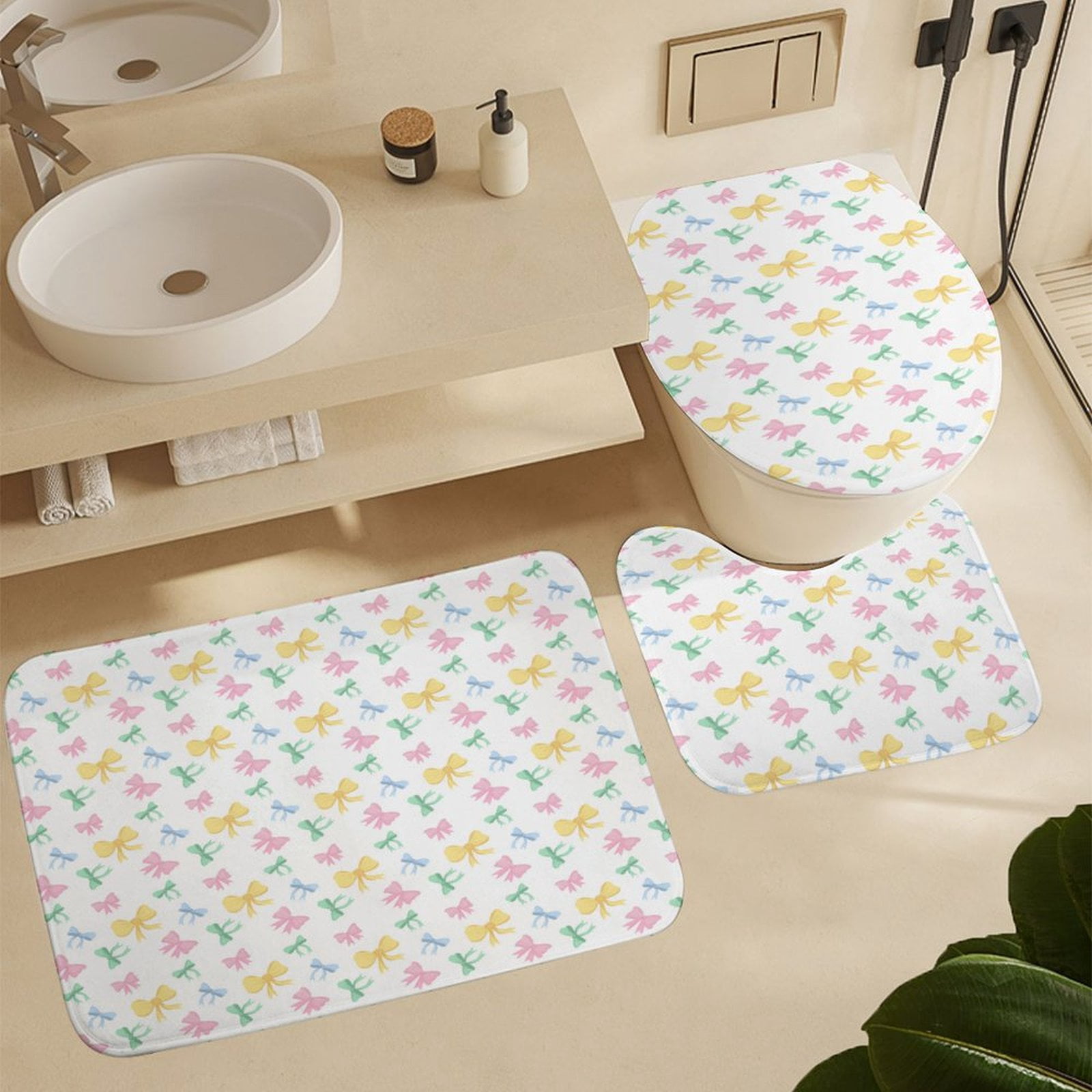 Princess Girl Cute Bow 4 Pcs Shower Curtain Set with Rug Bathroom Sets with Waterproof Fabric And Non-Slip Rugs Toilet Lid Cover Bath Mat Decor with Hooks