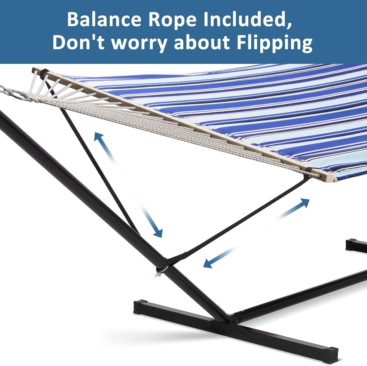 SUNCREAT Two Person Quilted Hammock with Stand Heavy Duty,Max 475lbs Capacity, 146 x 55.1 inches, Blue Stripes