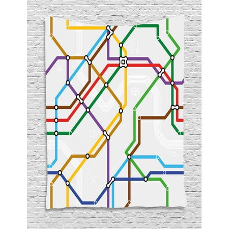 Railroaded Stripe - Map Tapestry, Stripes in Vibrant Colors Metro Scheme Subway Stations Abstract Railroad Transportation, Wall Hanging for Bedroom Living Room Dorm Decor, Multicolor, by Ambesonne