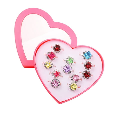 

12pcs Child Rings Beautiful Colorful Diamante Ring Set Gift with Heart-Shaped Box for Girls Kids Children