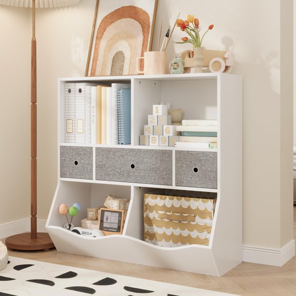 3-Tier Kids Bookshelf Toy Storage Organizer with 3 Drawers, Wooden Bookcase, White