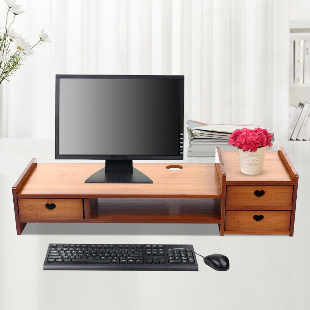 Bamboo Monitor Stand Riser with Storage Drawer Desk Laptop Organizer Stand Riser