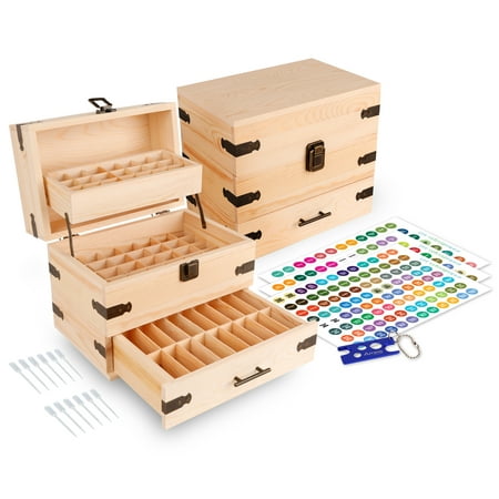 Wooden Essential Oil Multi-Tray Organizer - Holds 74 Oils - Includes Essential Oil Sticker Labels, Bottle Top Removal Tool & Pipettes