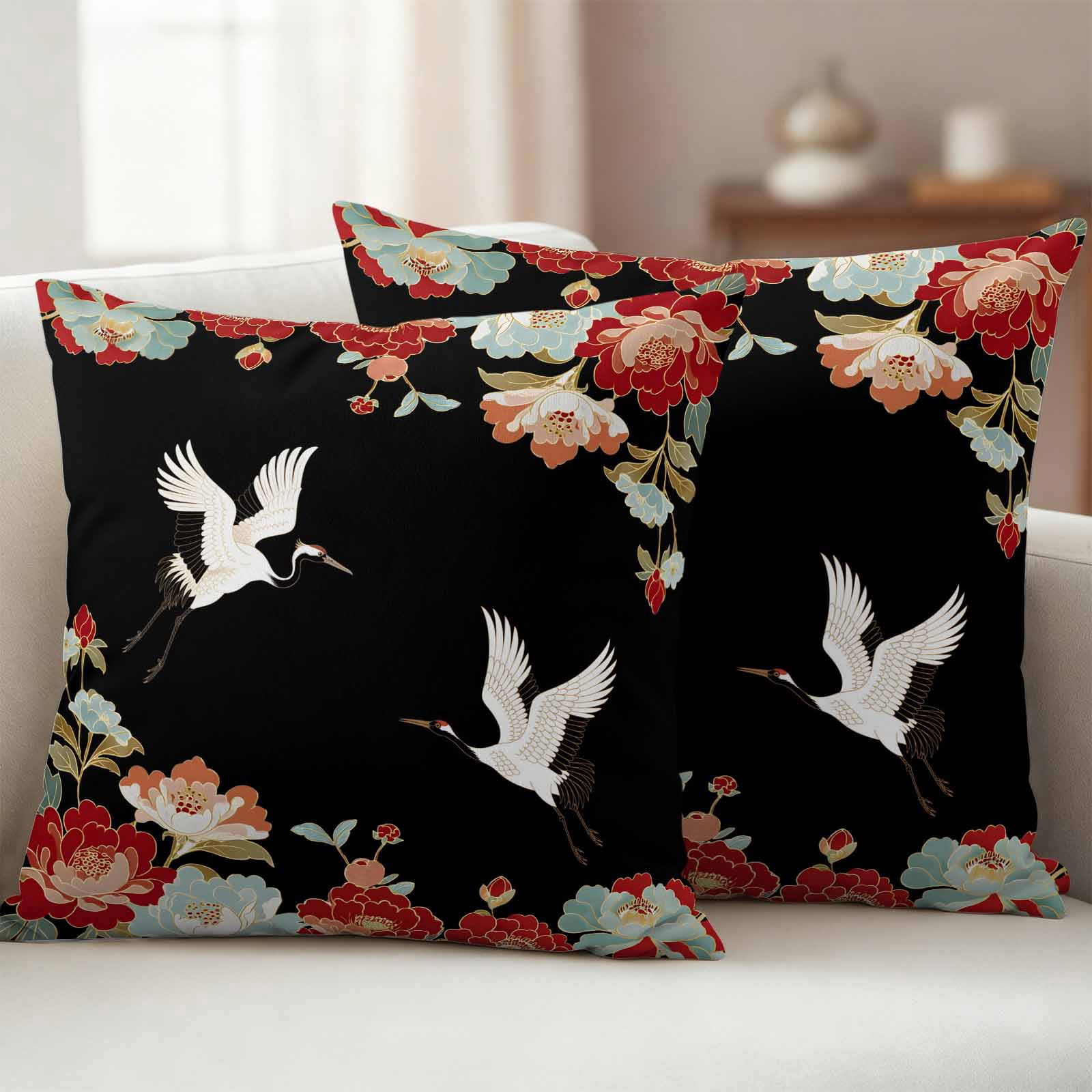 Pack of 2 Black Crane Outdoor Pillow Covers Decorative, Waterproof Pillow Protector, Vintage Red Teal Spring Floral Botanical Throw Pillowcases Accent Cushion Cases for Patio Couch Sofa 18"x18"