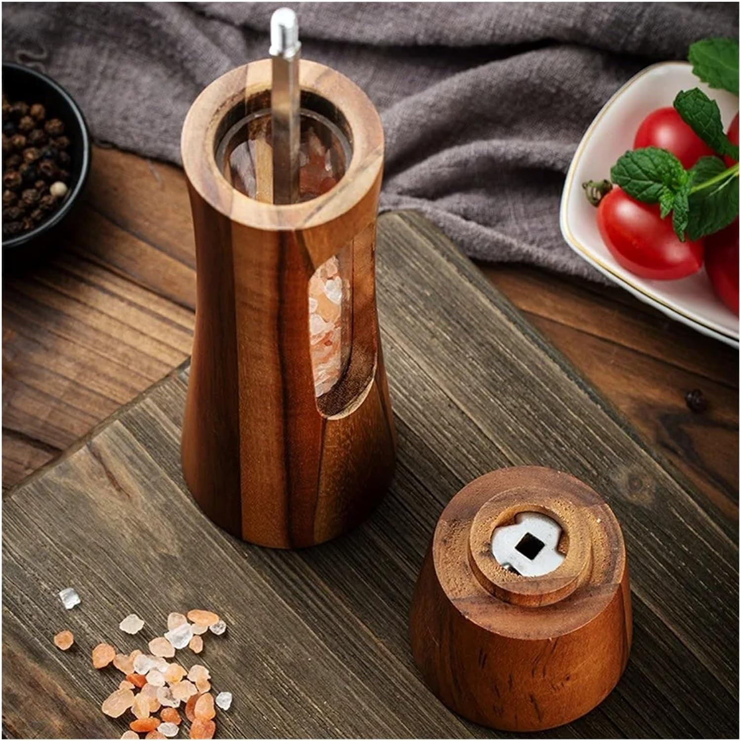 Wooden Salt and Pepper Grinder Set,Manual Pepper Mill Grinder,Salt and Pepper Grinder Set with Ceramic Core,Refillable Pepper Grinder with Acrylic Visible Window,Pepper Grinder For Seasoning,2 Pack