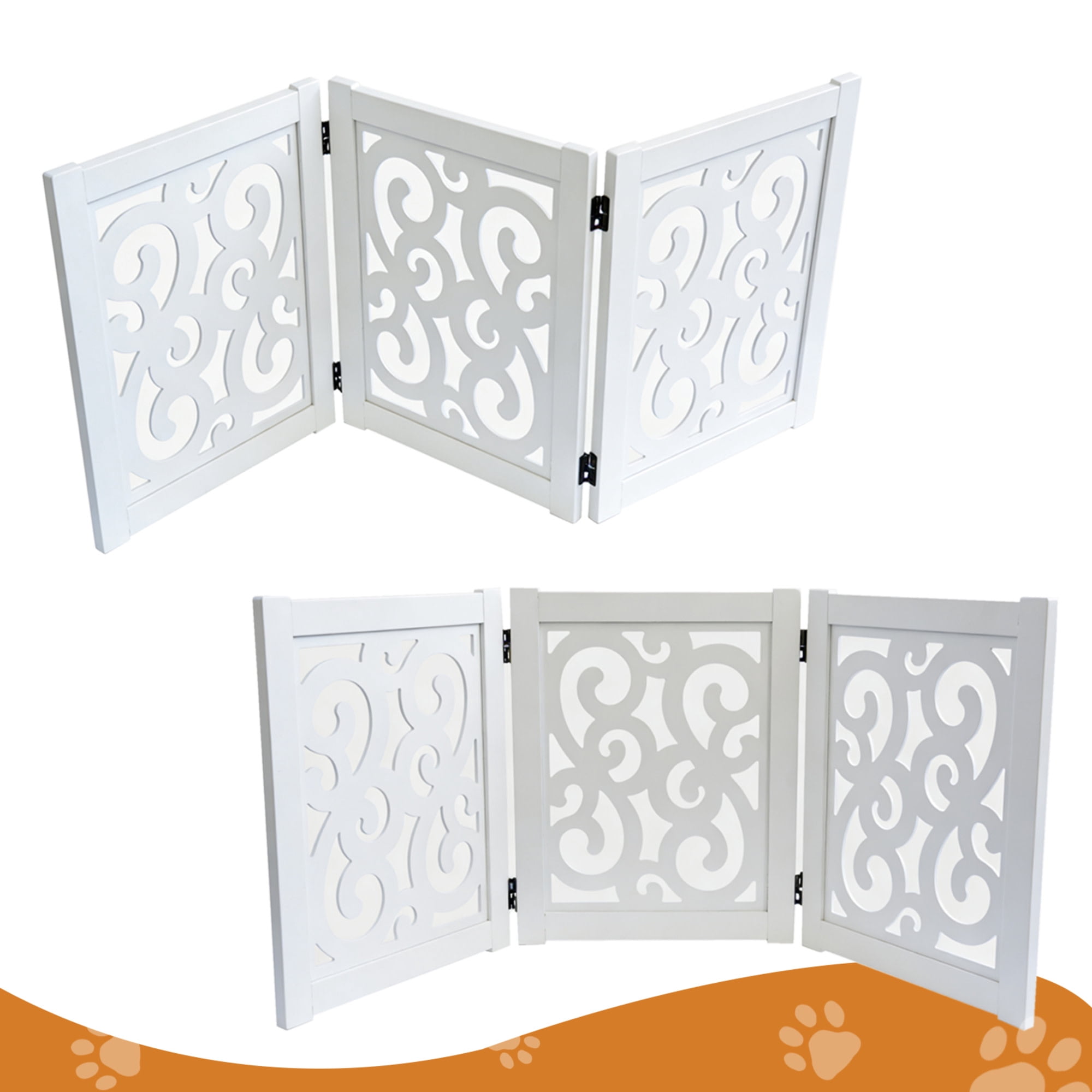 Ashfield & Harkness: 3-Panel Pet Gate - Scroll White - Wooden Foldable Freestanding Fence, Small Dogs & Puppy, 48 x 19.3", Indoor-Doorway-Halls-Stairs