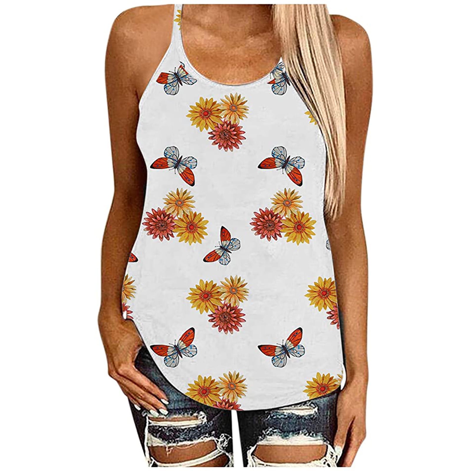 Simple Casual Womens Ladies Sleeveless O-Neck Vest Flowers Print Tank Top Blouse