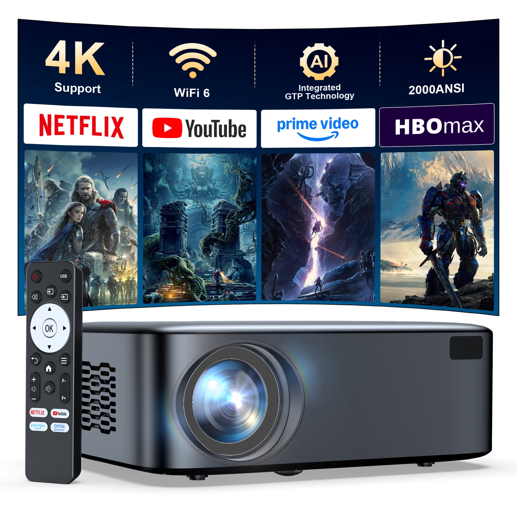 [Official-Licensed Apps] Smart Projector with 4K Support, 2000 ANSI Smart Home Theater, Electric Focus & Auto Keystone, WiFi 6 Bluetooth Movie Projector for World Cup, Outdoor Gaming Projector