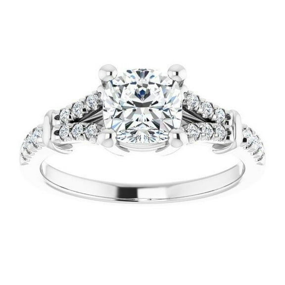Solitaire Diamond Wedding Ring, Cushion Cut Diamond Engagement Ring, Pave Set Split Shank Diamond Ring, Solitaire With Accents Ring, 14K White Gold Plated, 2.3 Ct Simulated Diamond