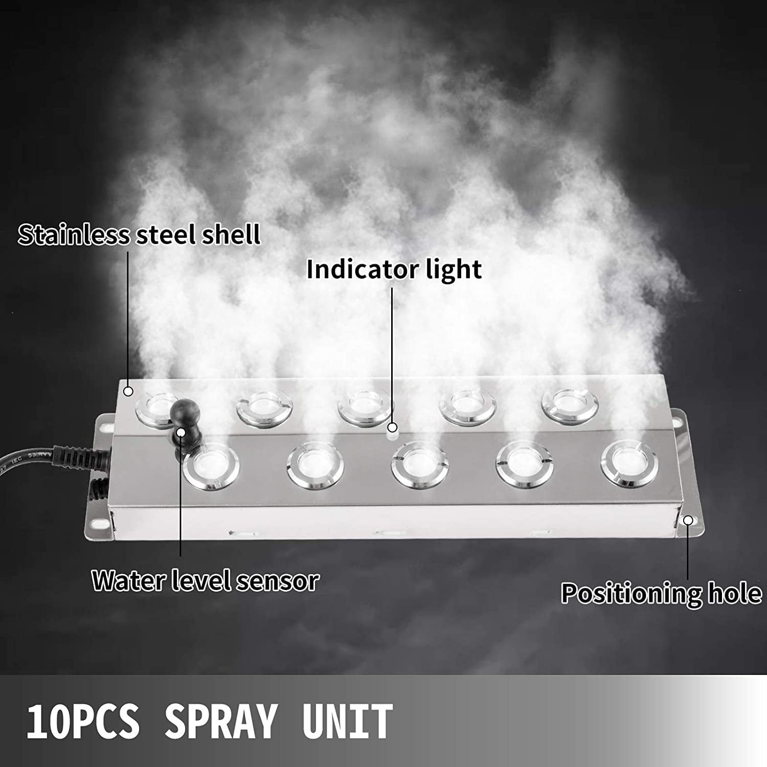 VEVOR Ultrasonic Mist Maker, 10 Head Stainless Steel Pond Mister Atomizer Fogger Humidifier with Water Fountain Power Supply Fogger