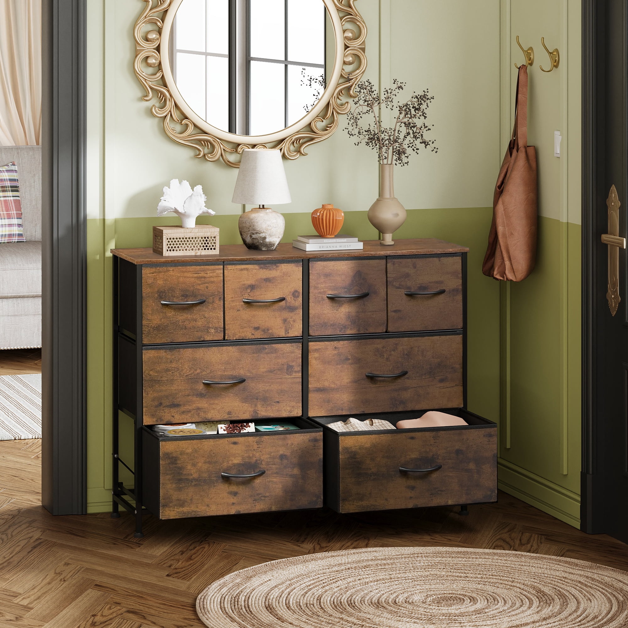 GALAXHERO 8 Drawers Dresser for Bedroom, Wide Fabric Storage Chest Drawers for Closet, Entryway, Rustic Brown Wood Grain