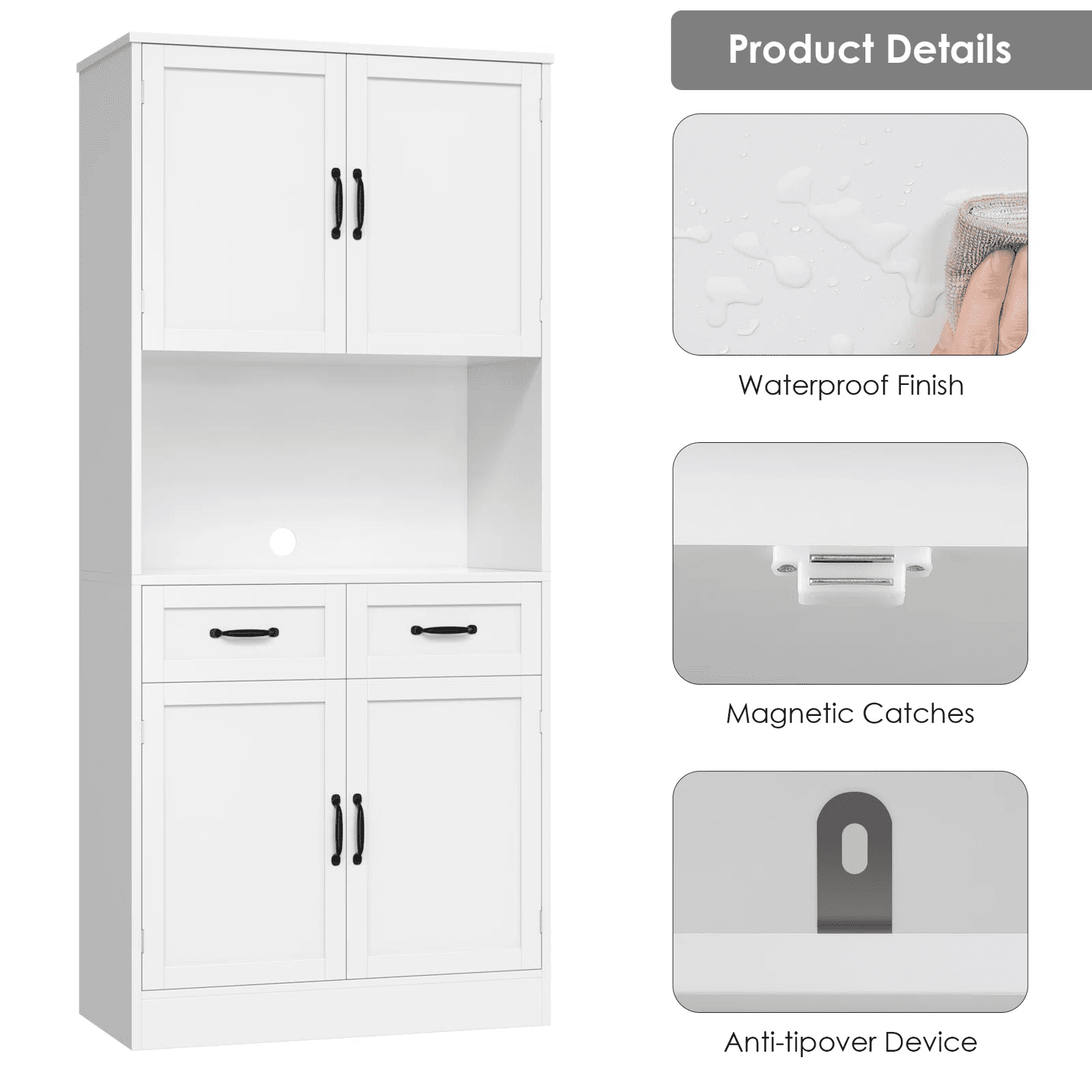 Homfa 71" Farmhouse Kitchen Pantry Storage Cabinets with 2 Drawers and Adjustable Shelves, Wood Tall Hutch Storage Cabinet for Dining Room, White