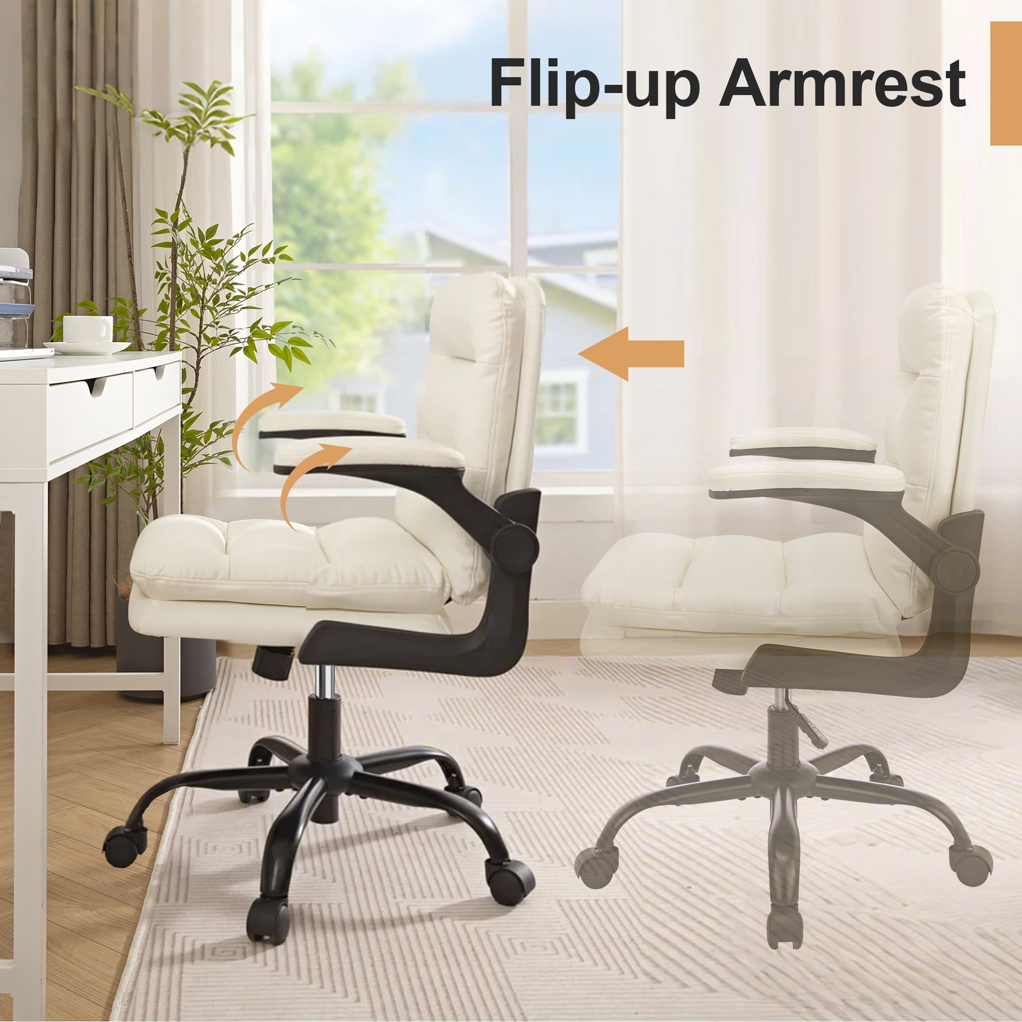 VECELO Ergonomic Office Chair, PU Leather Thick Padding Swivel Executive Computer Desk Chair With Upholstered Flip-Up Arms, White