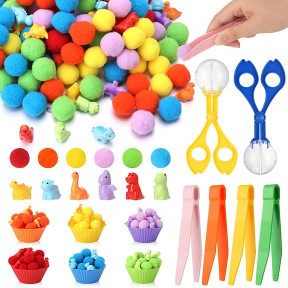 sixwipe Fine Motor Skills Toys for Early Sensory Education Color Sorting Matching Counting Training, Includes 12 Sorting Bowls, Assorted Tweezers, and 120 Colorful Plush Balls