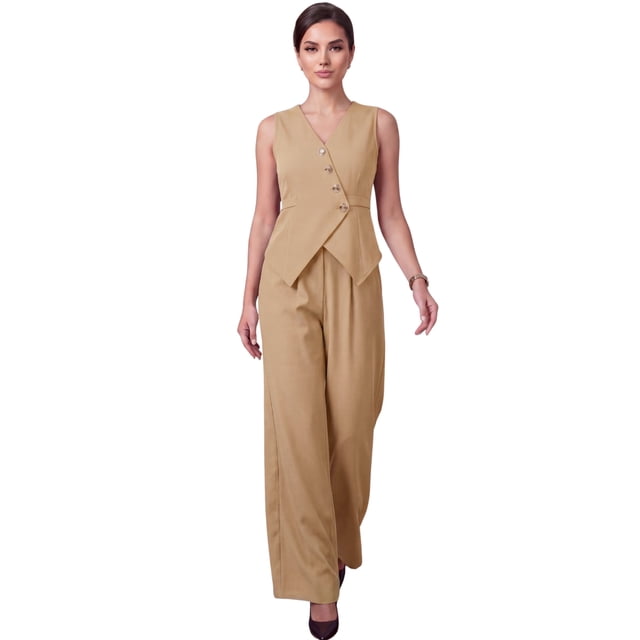 Conjunto Elegante de 2 Piezas Chaleco Entallado y Pantalón Palazzo para Mujer
