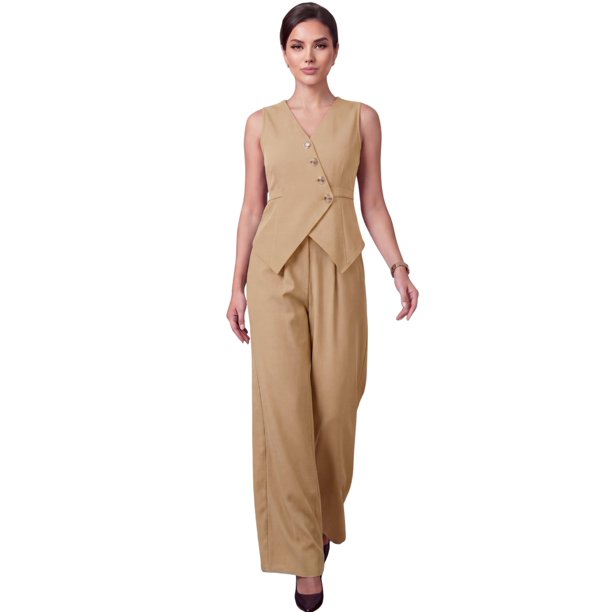Conjunto Elegante de 2 Piezas Chaleco Entallado y Pantalón Palazzo para Mujer