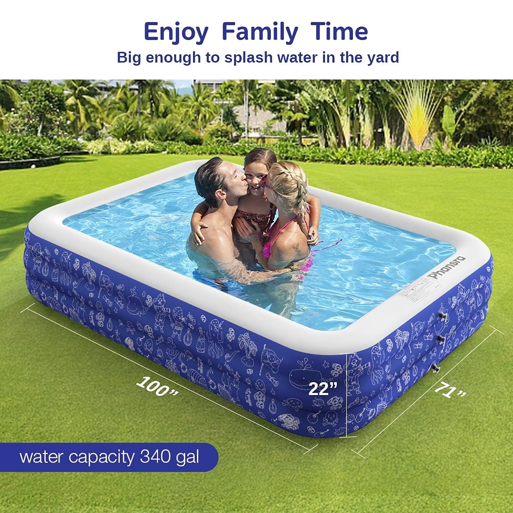 TOYTEXX Family Sized Inflatable Swimming Pool, 100" x 72" x 22", Blue, Puncture Resistant