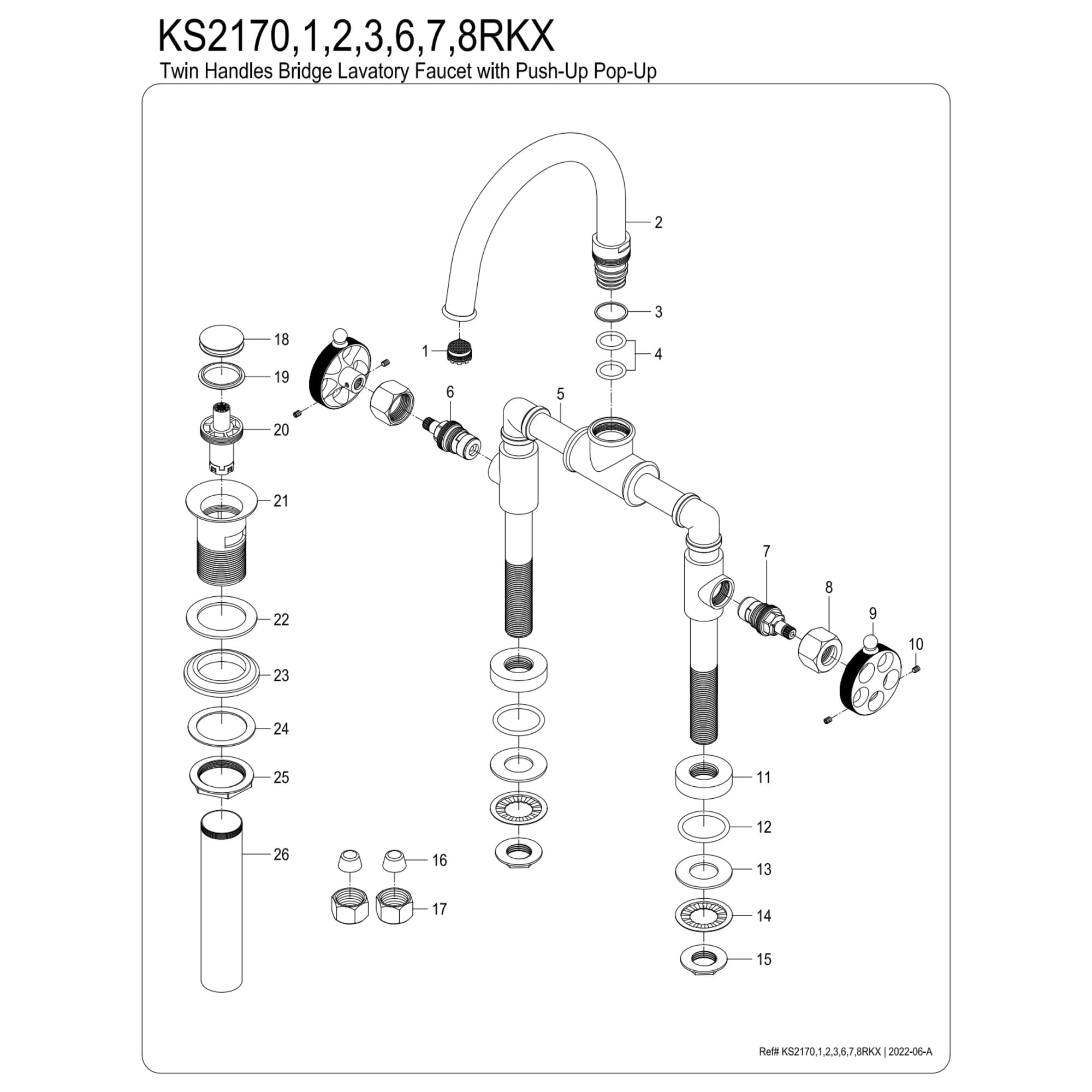 Kingston Brass KS2170RKX Webb Bridge, Matte Black Bathroom Faucet with Knurled Handle and Push Pop-up Drain