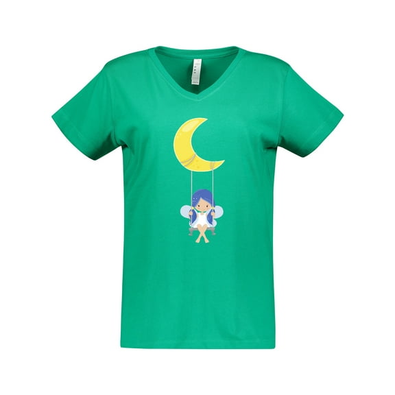 Inktastic Cute Fairy, Fairy On The Moon, Fairy On A Swing Women's V-Neck T-Shirt