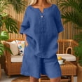 thumbnail image 4 of IWRICH Women's Short Sets 2 Piece Outfits Plus Size Linen Short Sleeve Shirts and Shorts Spring Summer Outfits Navy XXXL, 4 of 6