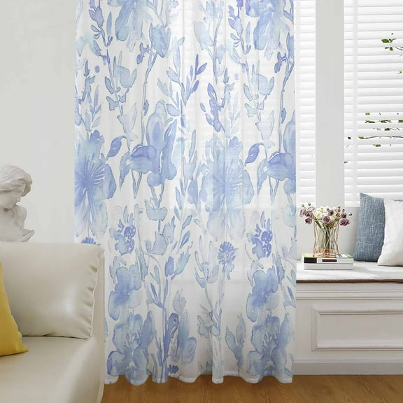 Watercolor Blue Floral Semi Sheer Curtains Drapes for Living Room, Bedroom, French Doors Window 96 Inches Long, Blue Ombre Botanical Summer Rod Pocket Chiffon Curtain Drapery Voile Draperies Panel