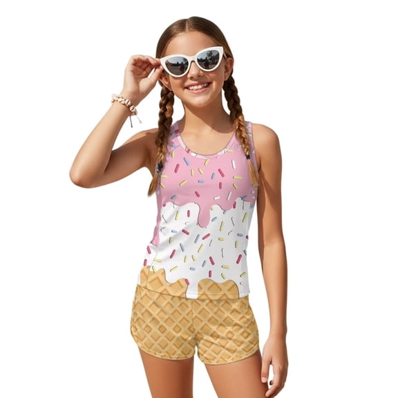 POLERO Big Girls Bathing Suits Set Tankini Two Piece with Boyshorts Removable Pads Candy Ice Cream Print Sun Protection Beach
