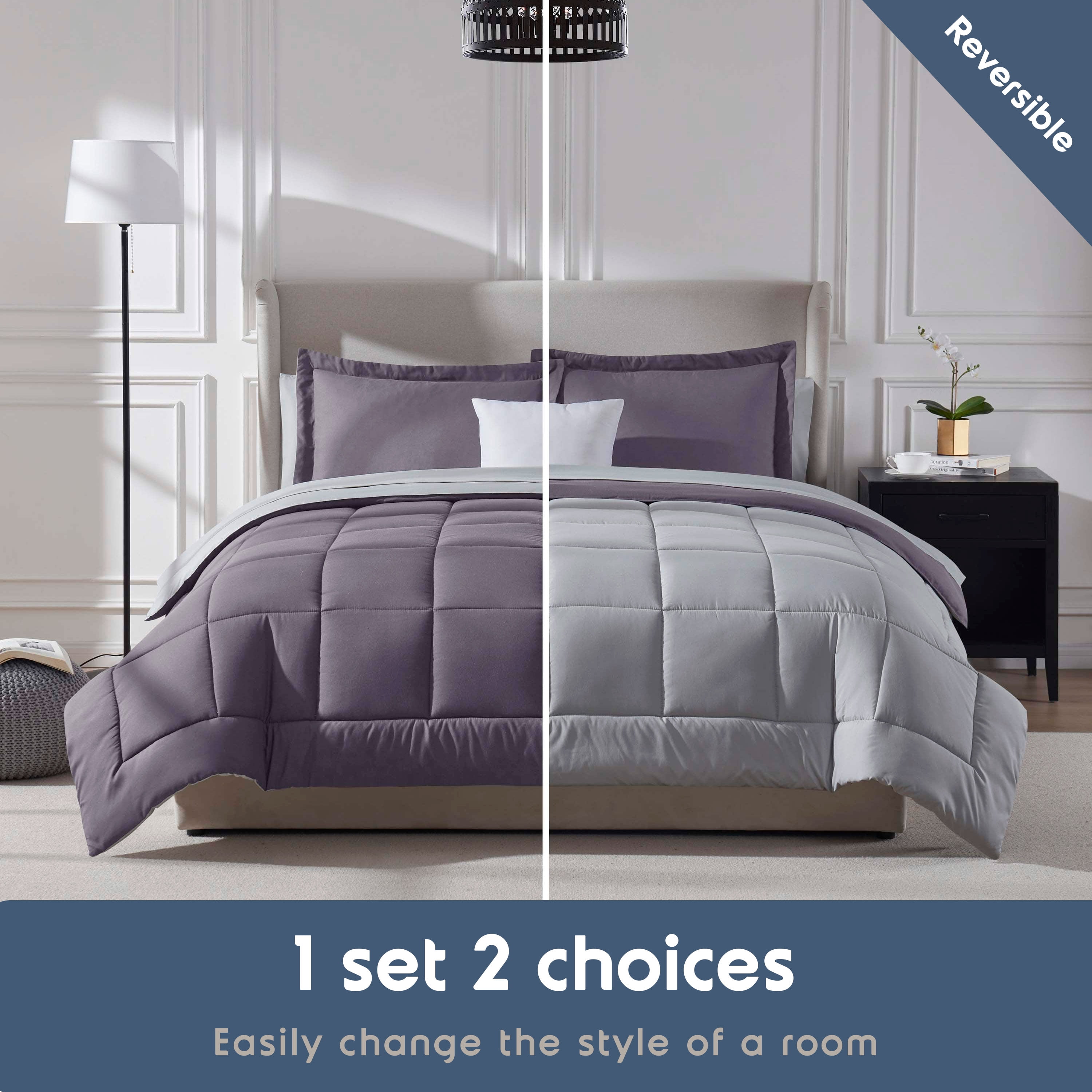 LammaLoe Twin Comforter Set, With Sheets, Reversible Bed In A Bag 5 Piece, Bedding Set, Grayish Purple