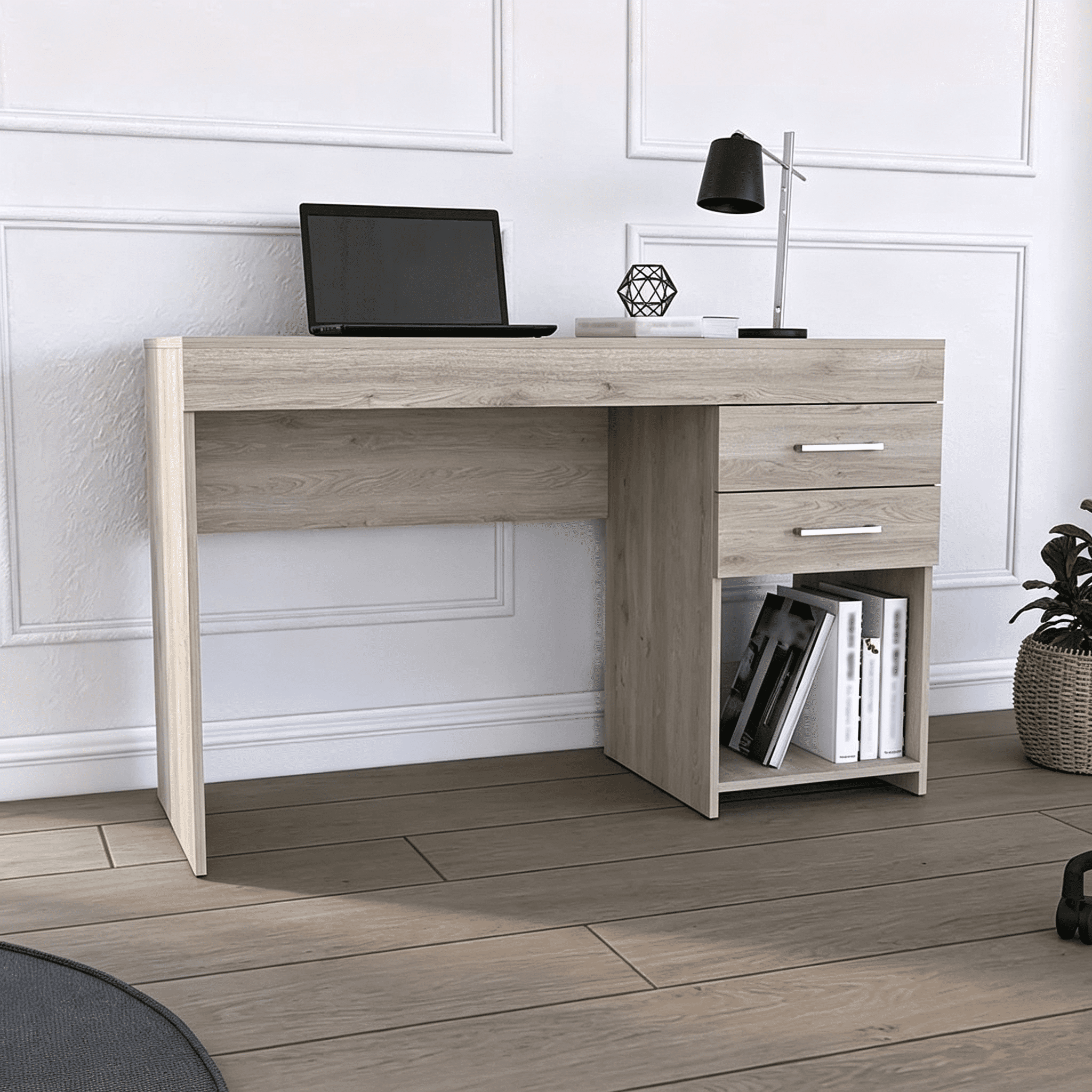 Astoutdoor Two Drawer Computer Desk with Lower Shelf, Light Gray