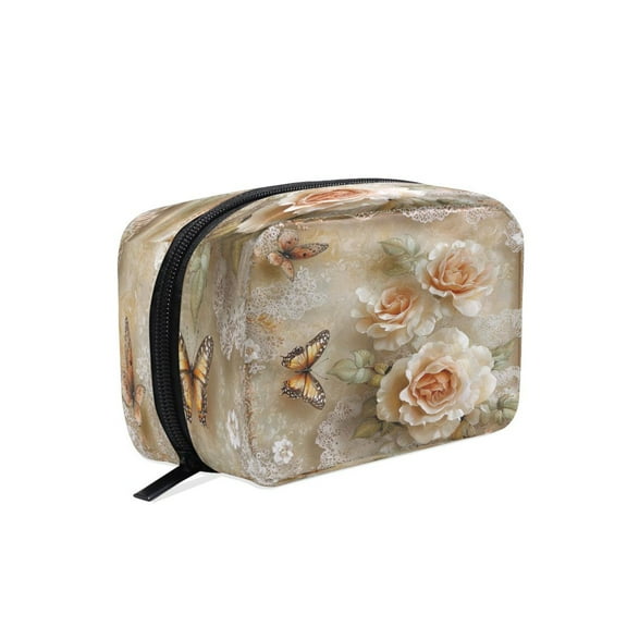 BZSMCE Makeup and Cosmetic Bag Women Simple Roses and Butterflies with Lace Pattern Square Cosmetic Bag