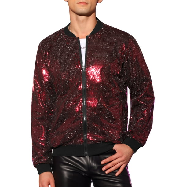 Chaqueta Varsity con lentejuelas INSPIRE CHIC para hombre, con cierre, de mangas largas, chaqueta brillante para fiestas, roja, talla M