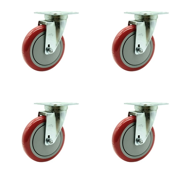 Service Caster - Universal Kitchen Casters - 5" Red Poly Wheel - 4 Swivel