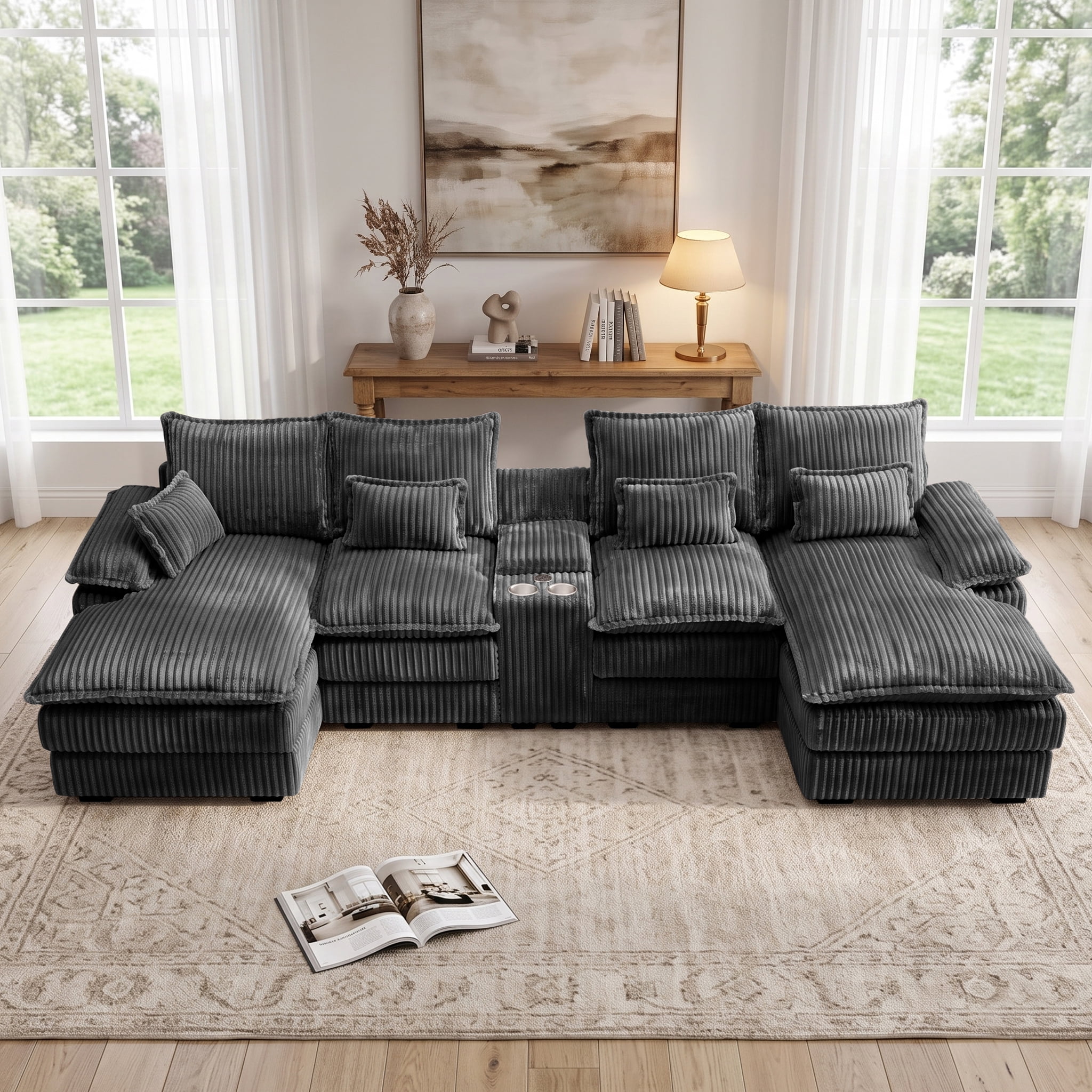 Wakefit 125" U Shaped Sectional Couch, Oversized Modular Sectional Sofa, 5 Seater Corduroy Cloud Couch with Hidden Storage, USB Ports & Cup Holders for Living Room, Dark Gray