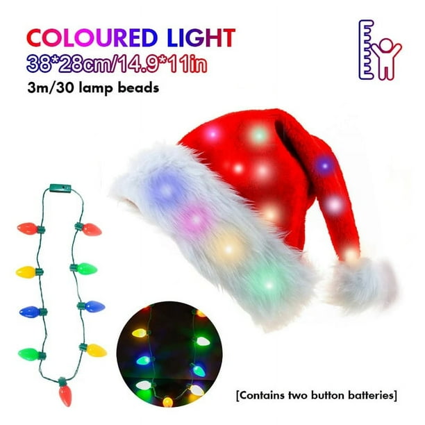 Juego de 1-3 luces navideñas de colores con gorro de Papá Noel y collar de luces navideñas con bombilla Navid Noel, regalos de disfraces de Año Nuevo, gorros navideños para adultos/niños