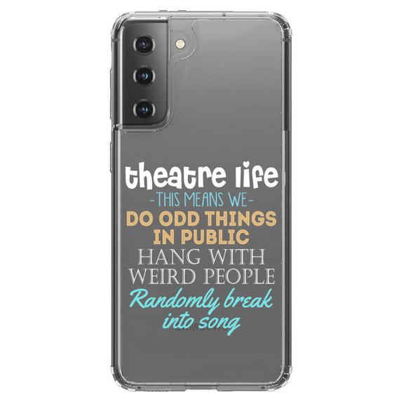 DistinctInk Clear Shockproof Hybrid Case for Galaxy S21 5G (6.2" Screen) - TPU Bumper Acrylic Back Tempered Glass Screen Protector - Theatre Life - Odd Things in Public