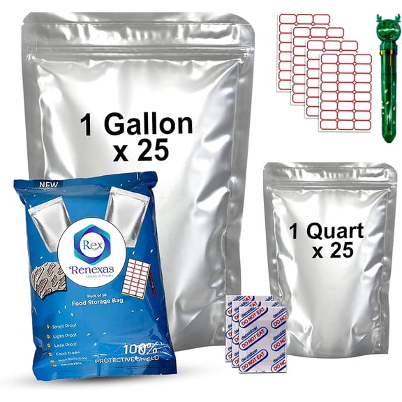 Renexas Mylar Bags 50 Pcs For Food Storage With Oxygen Absorbers | Airtight Resealable Foil Pouches For Long Term Storage, Reusable ziplock Bags pack of 1 gallon(25pcs) and 1 quart (25pcs)