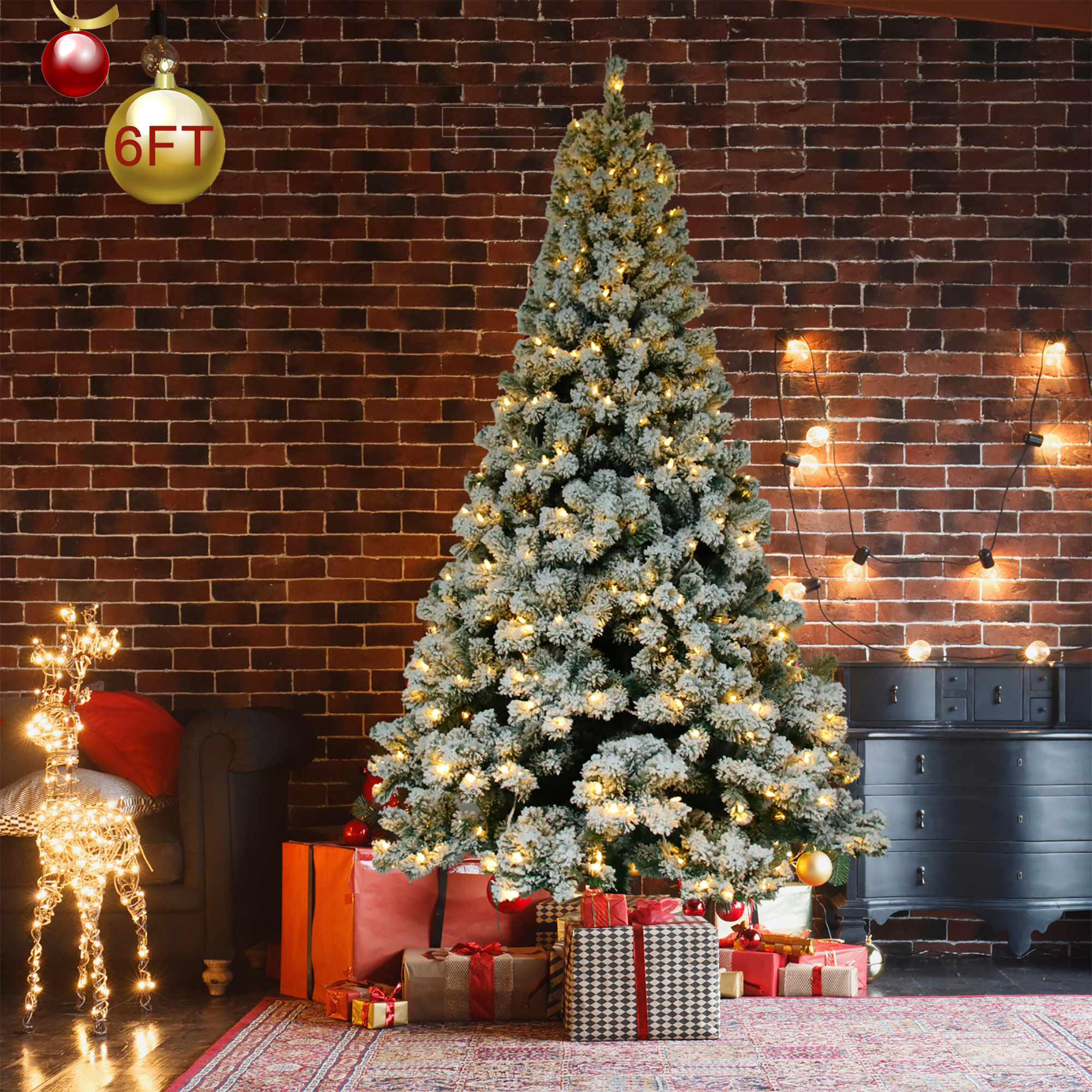 6FT Prelit Flocked Christmas Tree, White Artificial Trees with