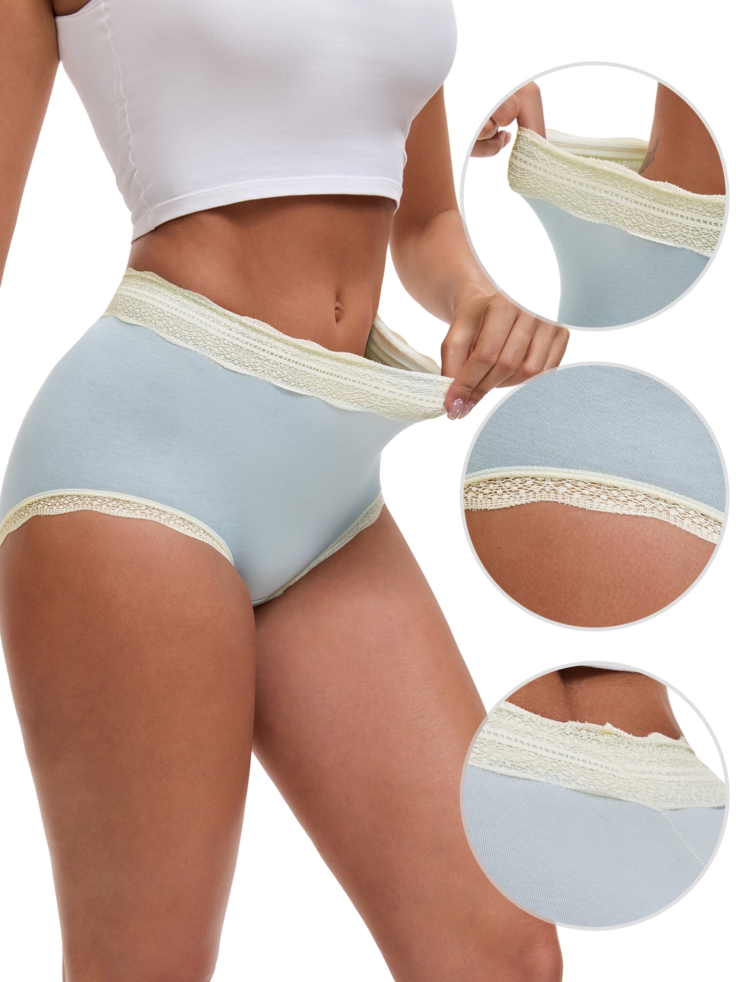 DARING DIVA Women's High Waisted Lace Trim Briefs Full Coverage Panties XL Blue