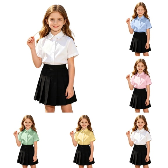 Shadoumai Girls Button Down Dress Shirts Kids Summer Short Sleeve Shirts for School Uniform Wedding Party Size 2-20,Pink(4-5 Years)