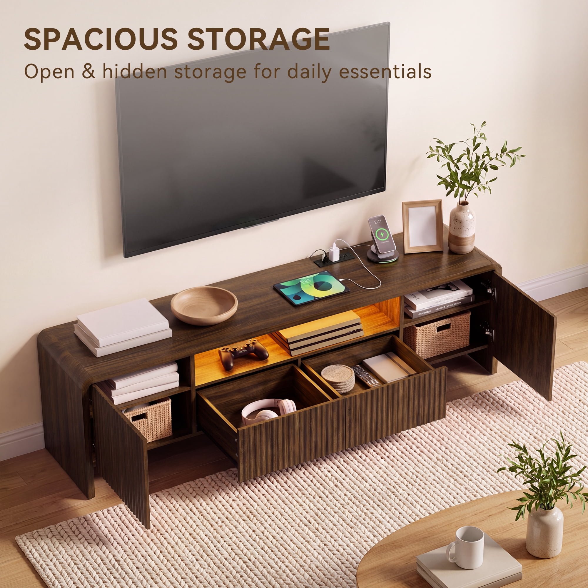 Lacoo 70 Inch Fluted TV Stand for 55-75 Inch TVs, Entertainment Center with Charging Station and RGB LED Lights, Media Console with 2 Drawers and Storage Cabinets for Living Room, Walnut