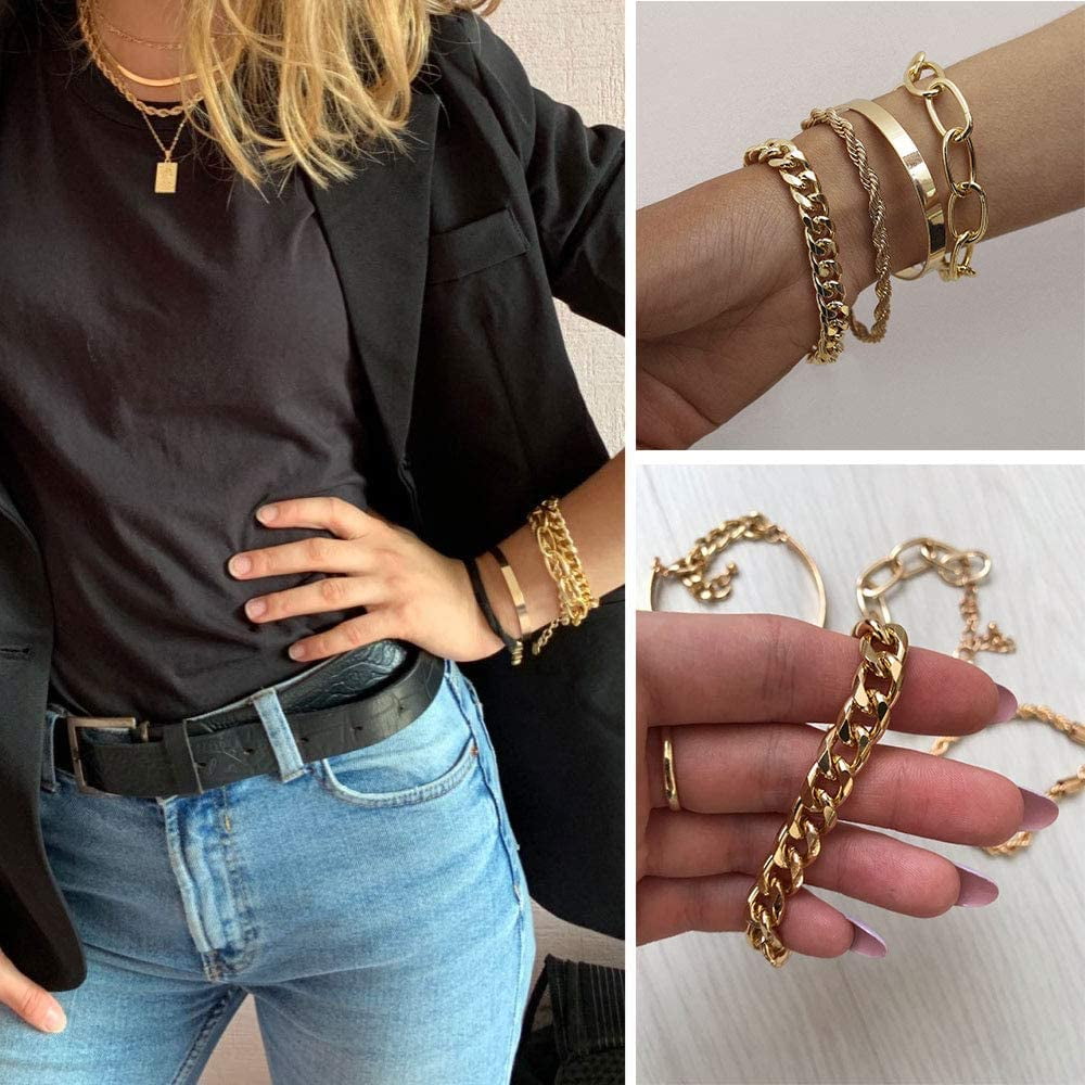 YEEZII 5 Pcs Chain Link Bracelet for Women,14K Gold Plated Dainty Adjustable Cuban Paperclip Bead Bracelets Bangle for Women Girls Jewelry Gifts 